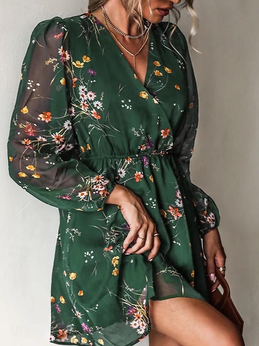 Damen Freizeitkleid formelles Kleid Blumendruck V-Ausschnitt Minikleid stilvoll lässig täglich Date Langarm Sommer 2025 - $33.99 –P4