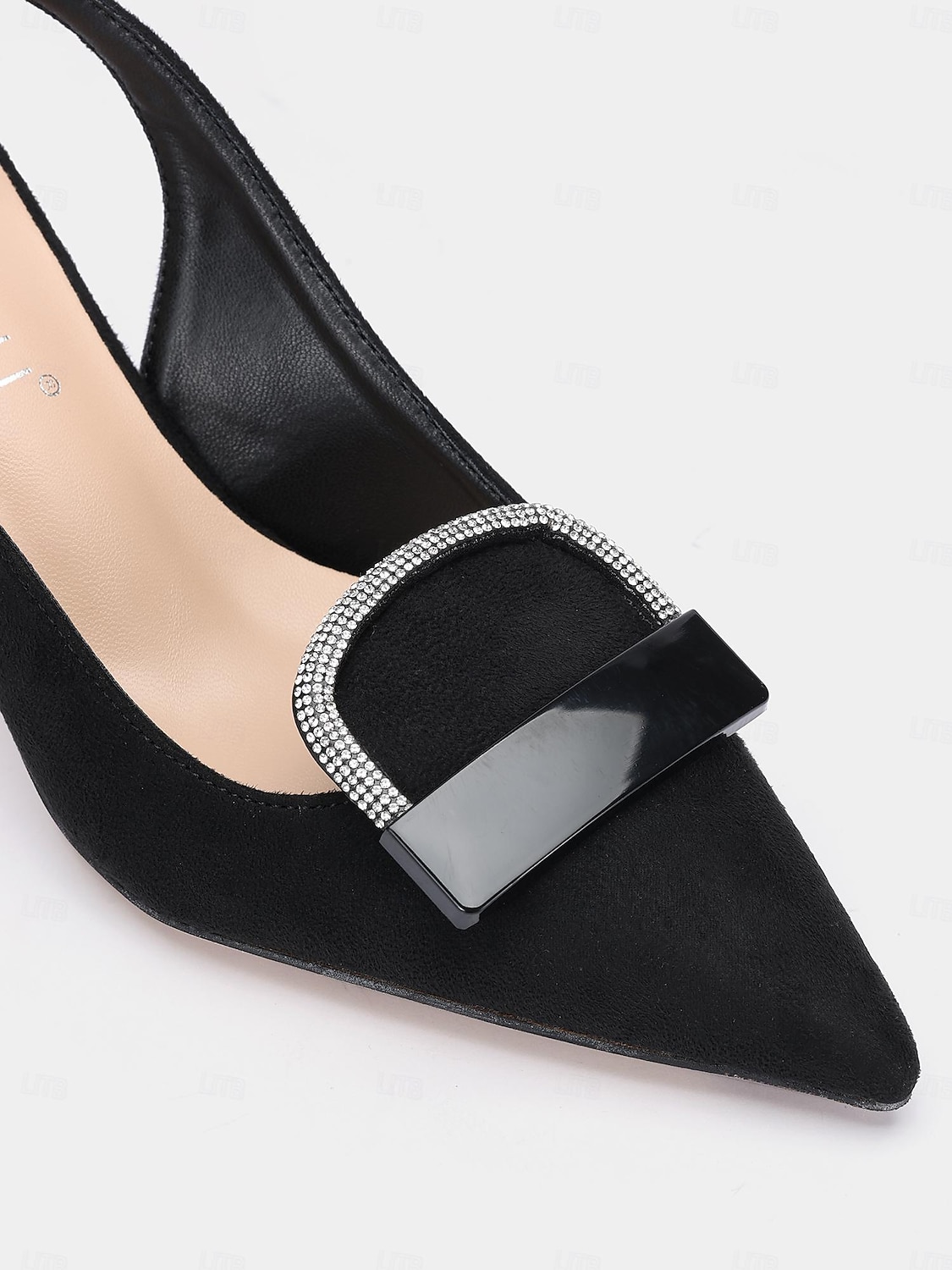 női fekete hegyes orrú slingback sarkú cipő dekoratív csattal - elegáns magassarkú pumpák irodai és esti rendezvényekre 2025 - $59.99 –P3
