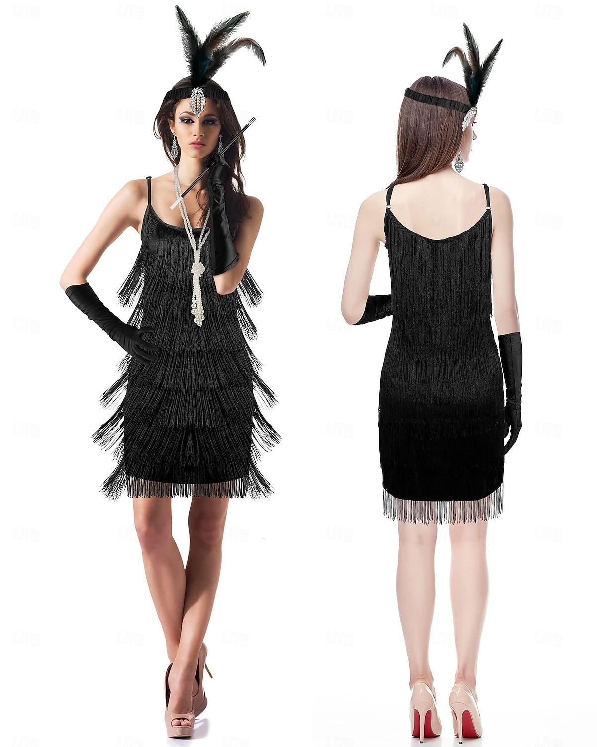 Rugido 20s 1920s Hasta la Rodilla Vestidos Vestido Flapper Accesorios Sin Mangas El gran Gatsby charlestón Invitado a la boda Borlas Pluma Camiseta con cuello redondo Disfraz Mujer Navidad Año Nuevo 2026 - $58.99 –P3