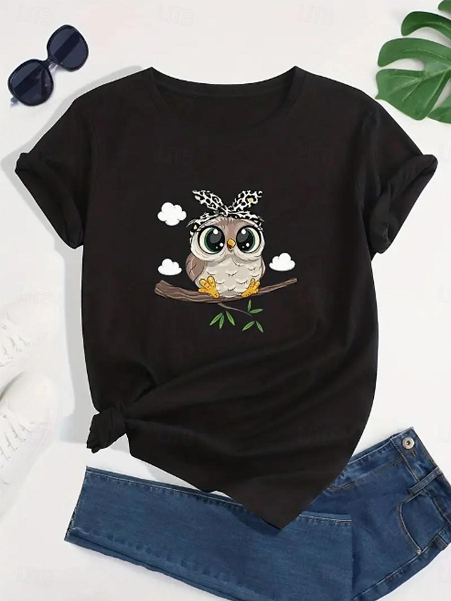 T-shirt femme 100% coton hibou quotidien décontracté manches courtes noir été de 2025 ? $19.99 –P7