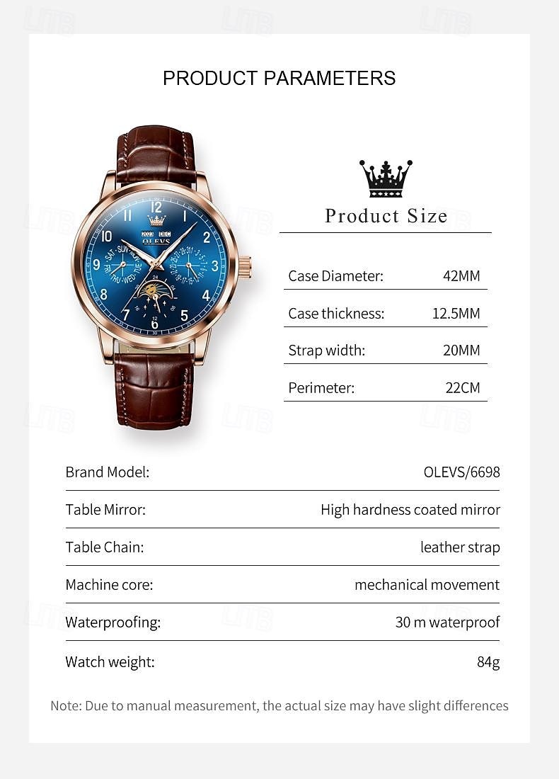 OLEVS Men Mechanical Watch Fashion Business Wristwatch Automatic Self-winding Moon phase Luminous Perpetual Calendar Leather Watch 2025 - $111.99 –P14
