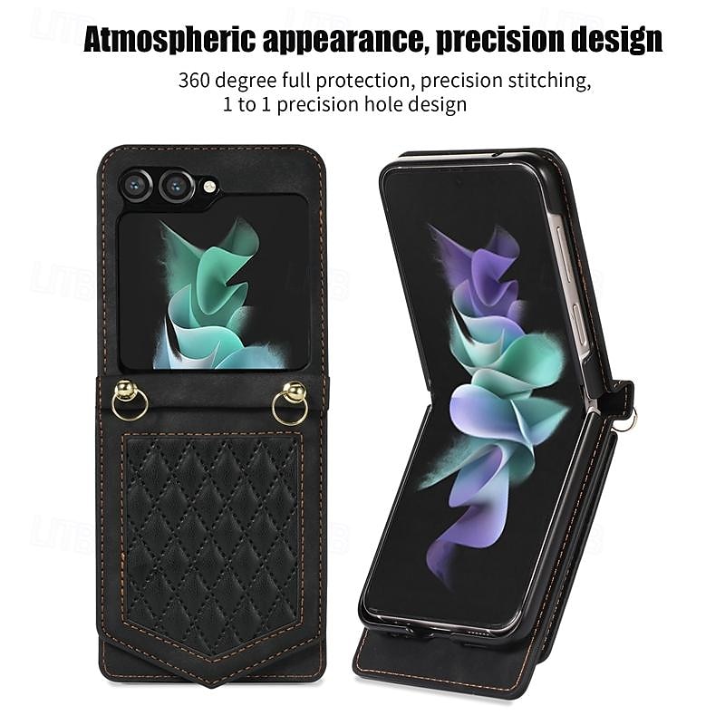 2025年 電話 ケース 用途 サムスンのギャラクシー Zフリップ7 Zフリップ6 Z Flip 5 Z Flip 4 Z Flip 3 フリップカバー ミラー ストラップ付き カード挿入口 幾何学模様 PC PUレザー  コレクション – $19.99 –P2