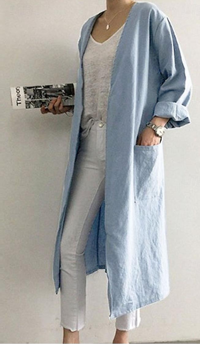 Damen Elegante Staubtücher Elegante Jacken Trenchcoat Büro Arbeit Frühling Herbst Lang Mantel Lässiger Schnitt Moderner Stil Jacken Langarm Einfarbig Einfach Tasche Oversize Hellblau Kaki Grau 2025 - $21.99 –P6