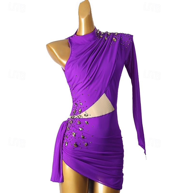 Robe de patinage artistique pour femmes, robe de patinage sur glace pour filles violet Spandex micro-élastique vêtements de patinage de compétition professionnelle mode florale strass manches longues