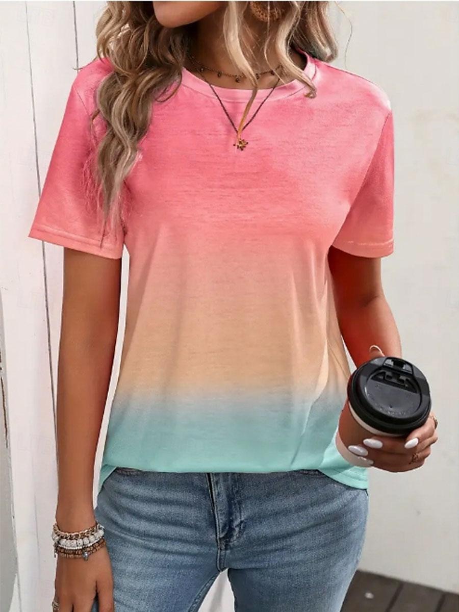 dame t-skjorte uformell gradient print kortermet vanlige topper rund hals daglig blå lilla grønn regnbue sommer 2025 - $19.99 –P4