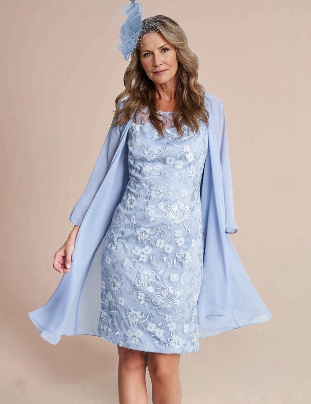 Two Piece Sheath Mother of the Bride Dress Elegant Jewel Neck Knee Length Lace Stretch Chiffon 3/4 Length Sleeve Wrap Included Jacket Dresses with Lace free custom size 2025 - $157.99 –P1
