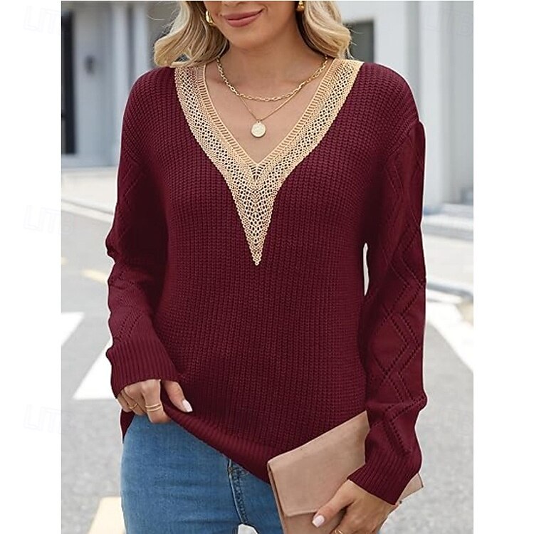 Pentru femei Pulover pulover Elegant Culoare solidă Striat În V Dantelă Manșon Lung Topuri obișnuite Tricotat Zilnic Negru Alb Primăvară Toamnă 2025 - $41.99 –P5