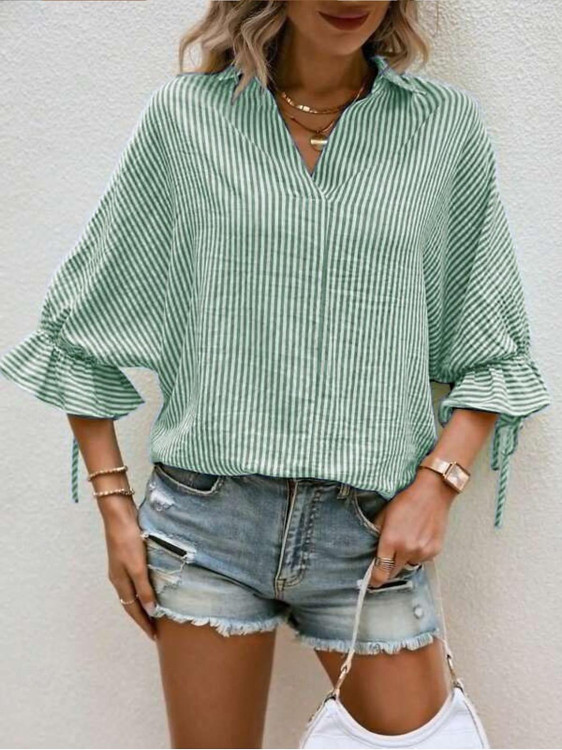 Per donna Camicia Asimmetrico A righe Elegante Moderno Manica 3/4 Manica a Balze Colletto a Camicia Lavoro Blu Verde Estate Primavera Autunno del 2026 a $23.99 –P6