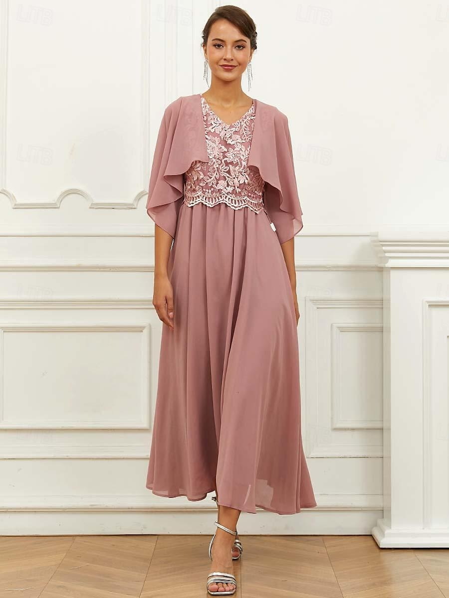 Per donna Abito linea A Chiffon Pizzo Con balze A V Manica corta Vestito longuette Invitati del matrimonio Cocktail party Elegante Da cerimonia Rosa Estate del 2025 a $49.99 –P2