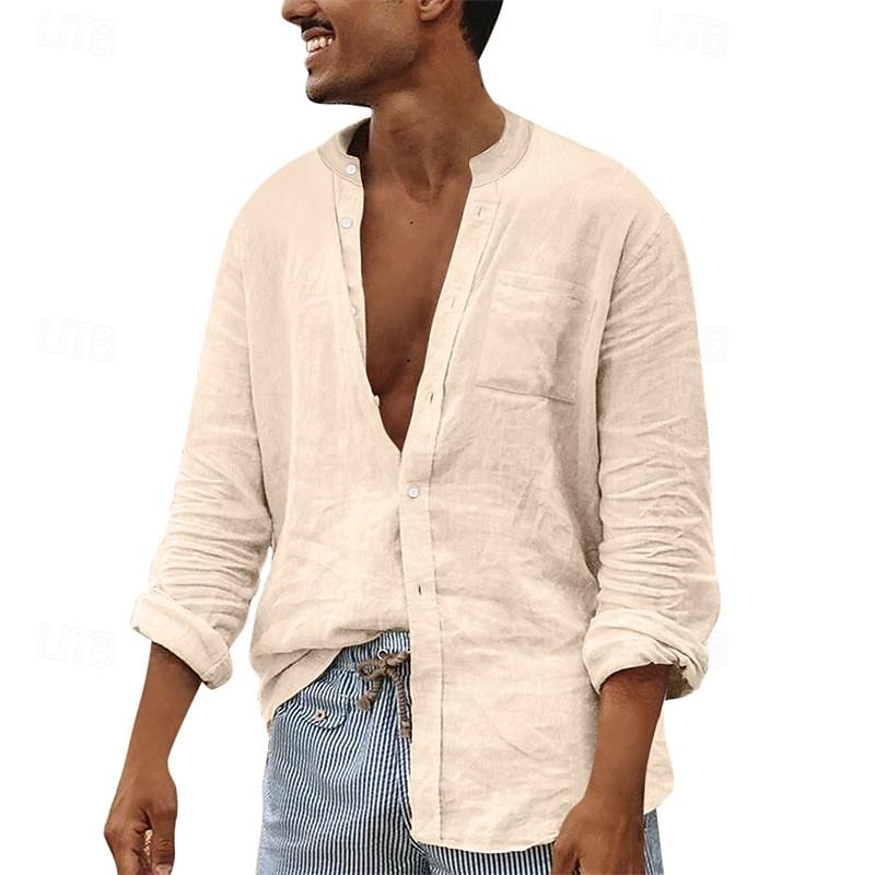 Per uomo Camicia Camicia Estiva Camicia casual Camicia da Spiaggia Camicia con Bottoni Nero Bianco Blu marino Marrone Kaki Manica Lunga Semplice Colletto alla coreana Vacanza Camicia hawaiana Tasca del 2025 a $30.99 –P10