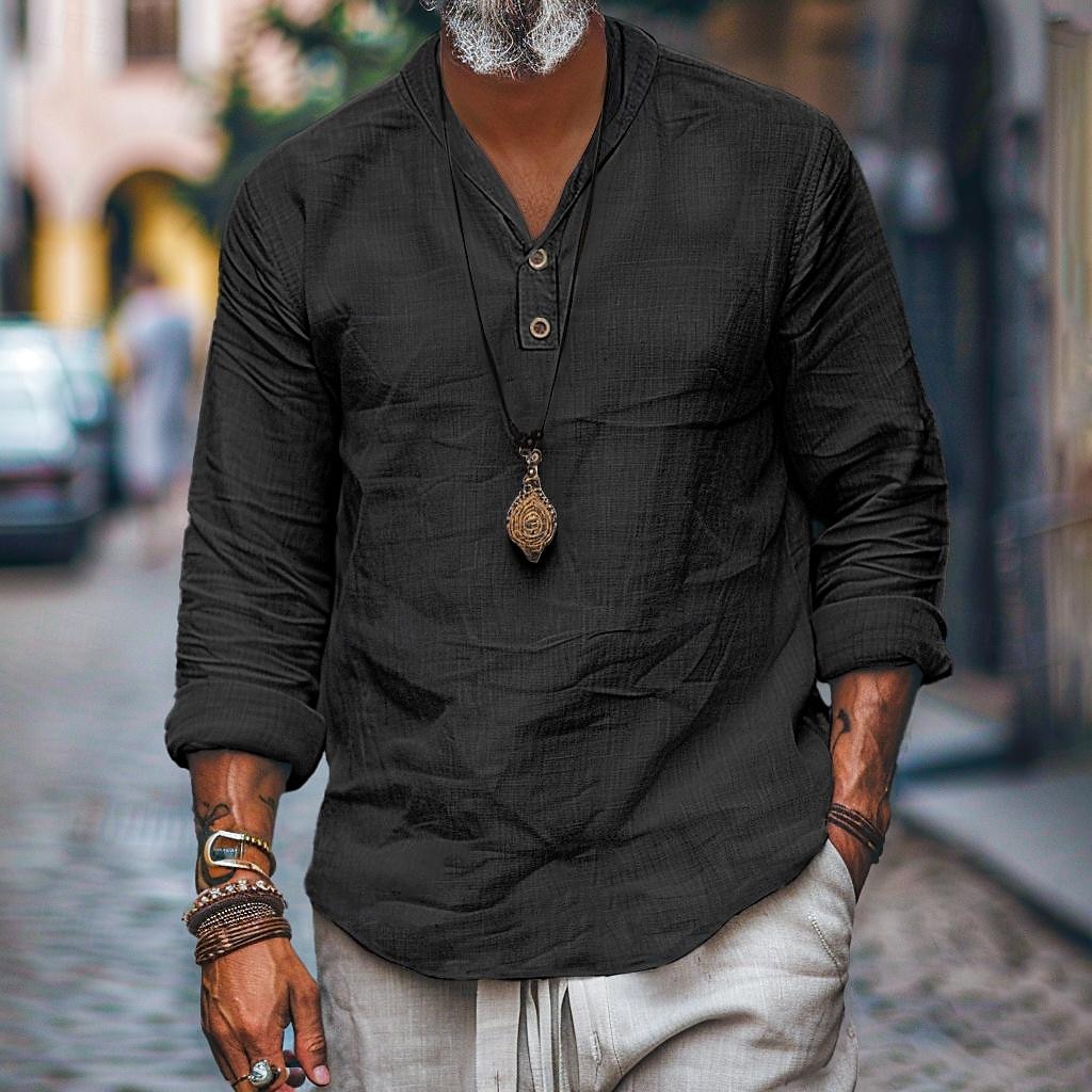 Per uomo Camicia camicia di lino Camicia popover Camicia estiva Camicia da spiaggia Liscio Informale Giornaliero Nero Blu Cachi Manica lunga A fascia Primavera estate Abbigliamento del 2025 a $25.99 –P4