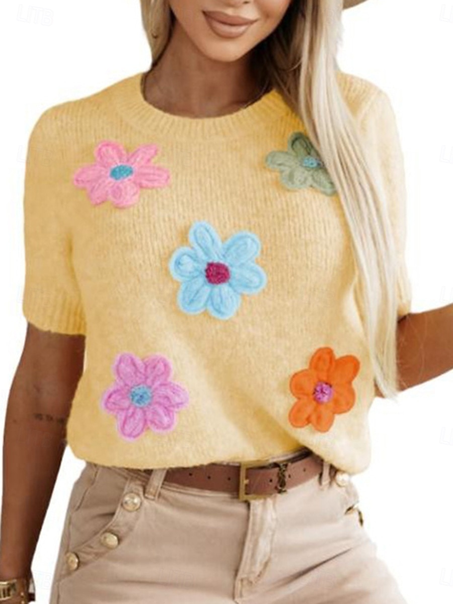 kvinners t-skjorte tilfeldig blomstertrykk kortermet lange topper v-hals daglig hvit gul sommer 2025 - $35.99 –P5