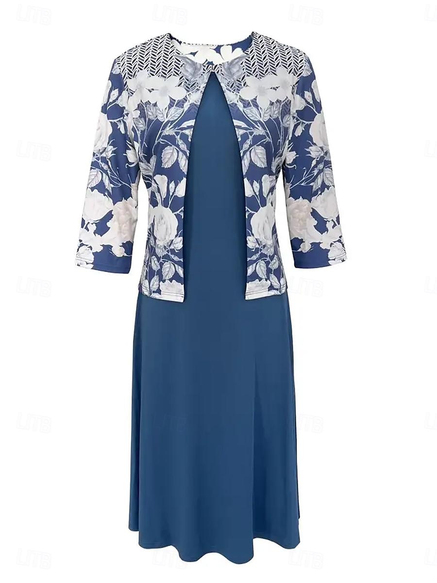 Women's Mini Dress Elegant Skirt Sets Skirt 3/4 Length Sleeve Crew Neck Floral Print Wedding Guest Daily Blue Summer Loose Fit 2025 - $36.99 –P2
