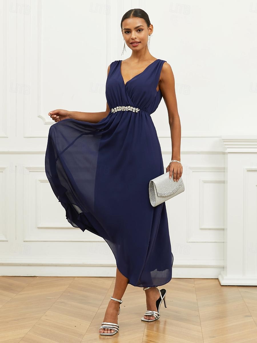 Pentru femei Rochie A line Rochie Maxi Șifon Zdrobit Niveluri Invitat la nunta Petrecere cu cocktail Elegant În V Fără manșon Bleumarin Culoare 2025 - $49.99 –P7