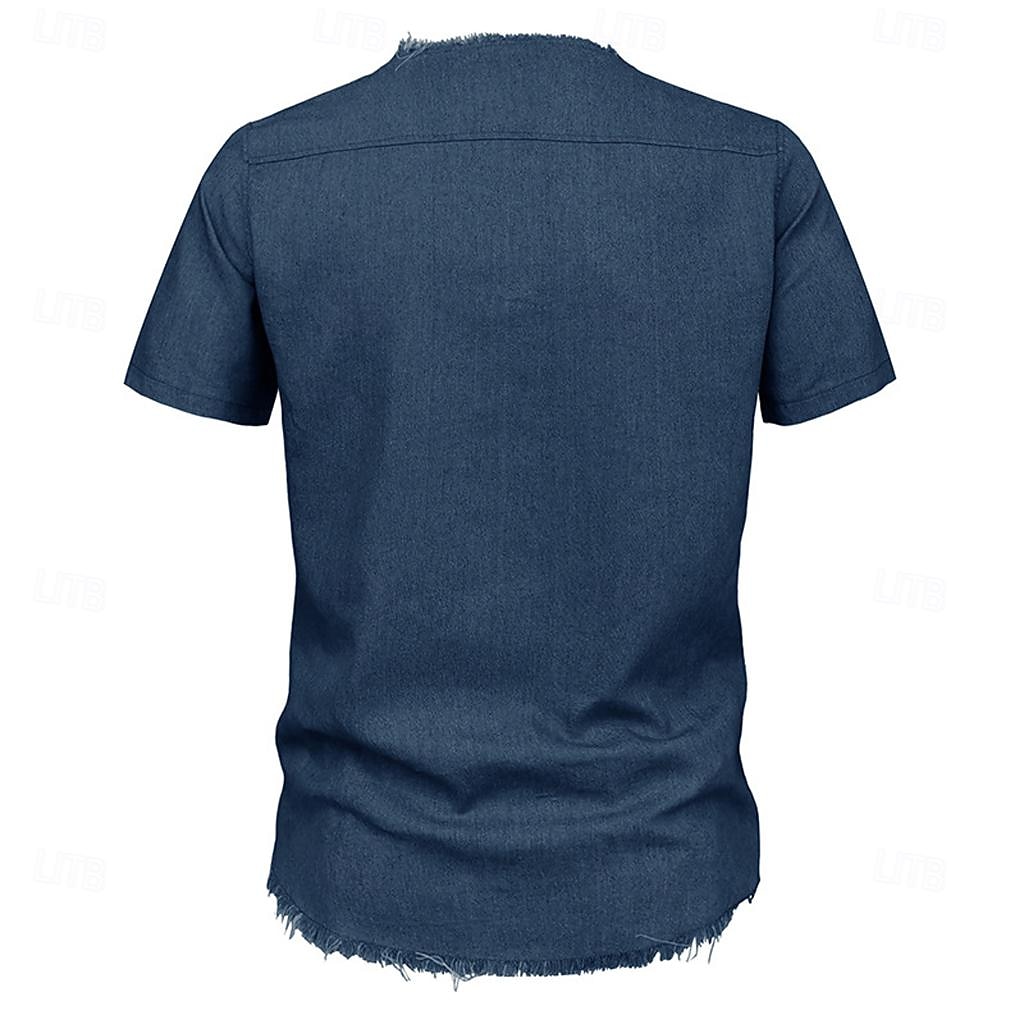 Męskie Koszula Koszula Chambray Koszula Calico Letnia koszula Dżinsowa koszula Granatowy Ciemnoniebieski Jasnoniebieski Krótki rękaw Jednokolorowe Stójka Codzienny Święto Ściągana na sznurek Odzież 2026 - $24.99 –P3