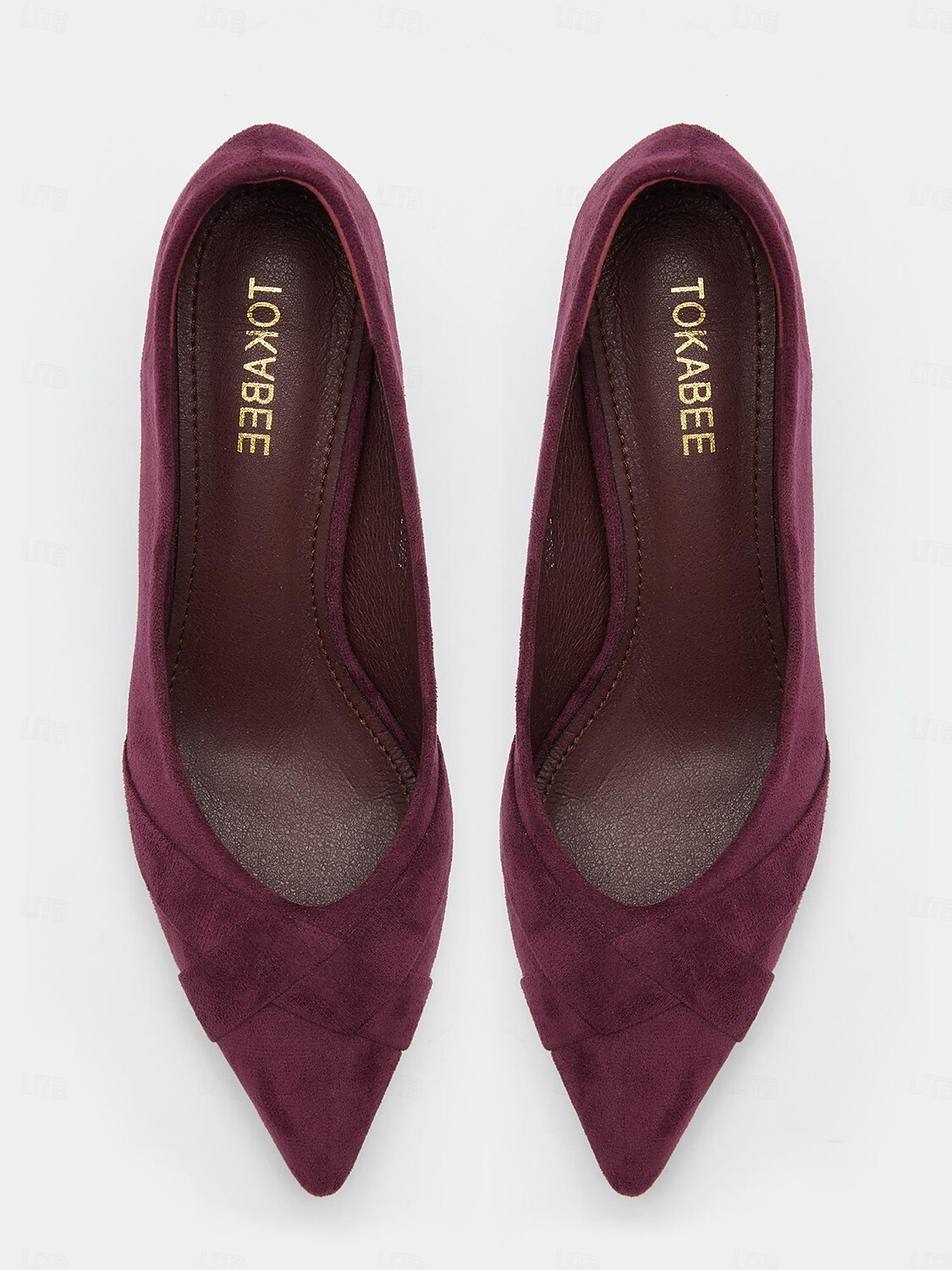 pantofi cu toc pisoi din piele intoarsa visiniu cu detaliu de noduri incrucisate pentru o tinuta eleganta si formala 2025 - $46.99 –P3
