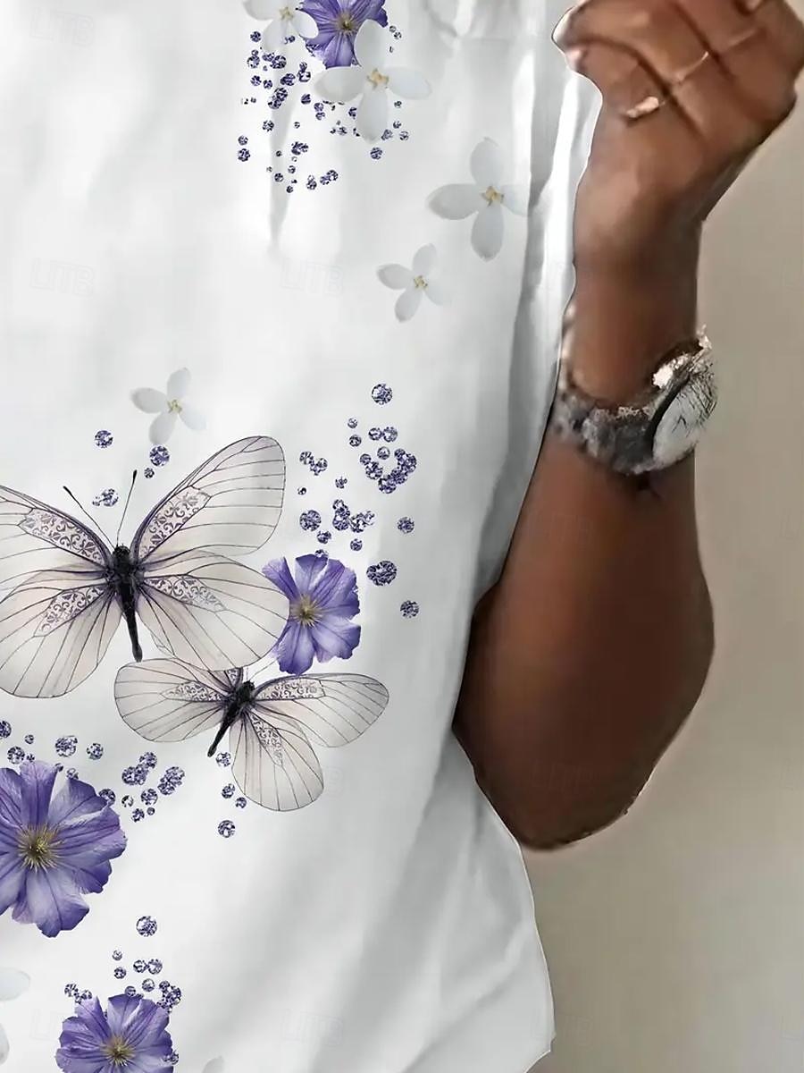 Dames T-shirt Bloemig Vlinder Stijlvol Casual Korte mouw Strakke ronde hals Normale tops Dagelijks Afdrukken Wit Zomer 2025 - $21.99 –P3