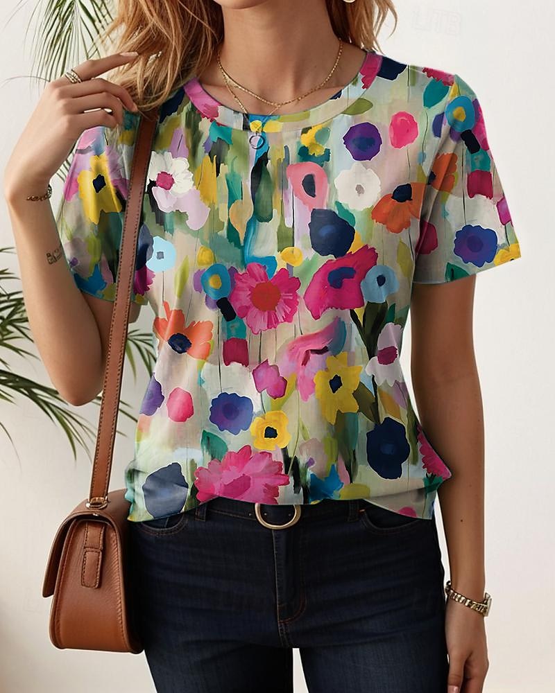 Dames T-shirt Bloemig Kleurenblok Stijlvol Casual Korte mouw Strakke ronde hals Normale tops Dagelijks Afdrukken Wit Blozend Roze blauw Groen Regenboog Zomer 2025 - $21.99 –P1