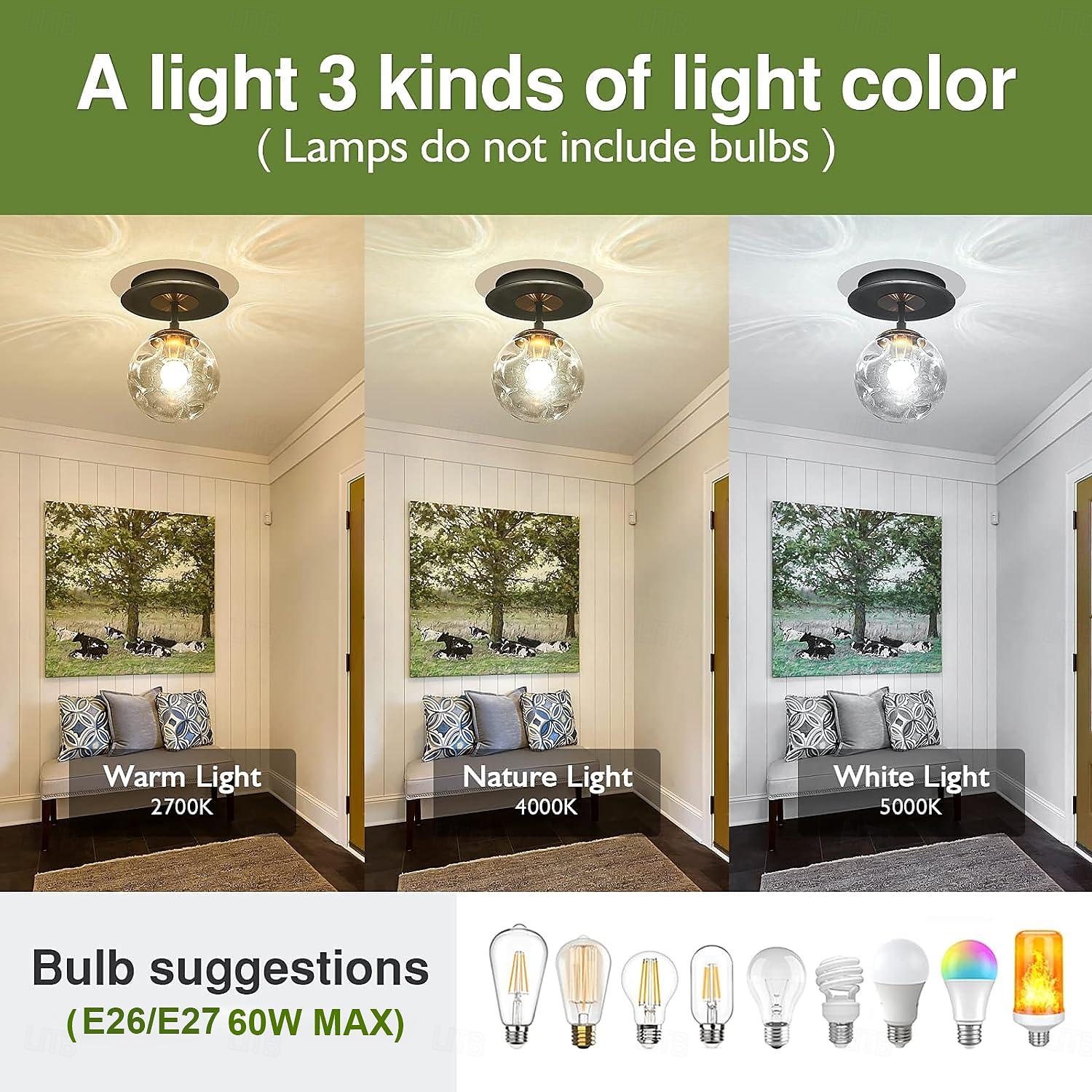 LED Ceiling Lights 3-Color Light Source 18/41cm 1/3-Light Vintage Semi Flush Mount Ceiling Light Fixture with Glass Globe E26/E27 Black Ceiling Light for Hallway Stairway Porch Entryway Kitchen Bedroom Laundry Farmhouse 110-240V 2025 - $86.99 –P3