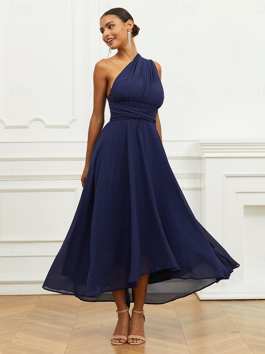 Robe Trapèze Femme Robe mi-longue Ruché Ceinturé robe demoiselle d honneur Soirée Cocktail Elégant Grande occasion Une Epaule Sans Manches Ample bleu marine S M L XL 2XL de 2025 ? $63.99 –P3