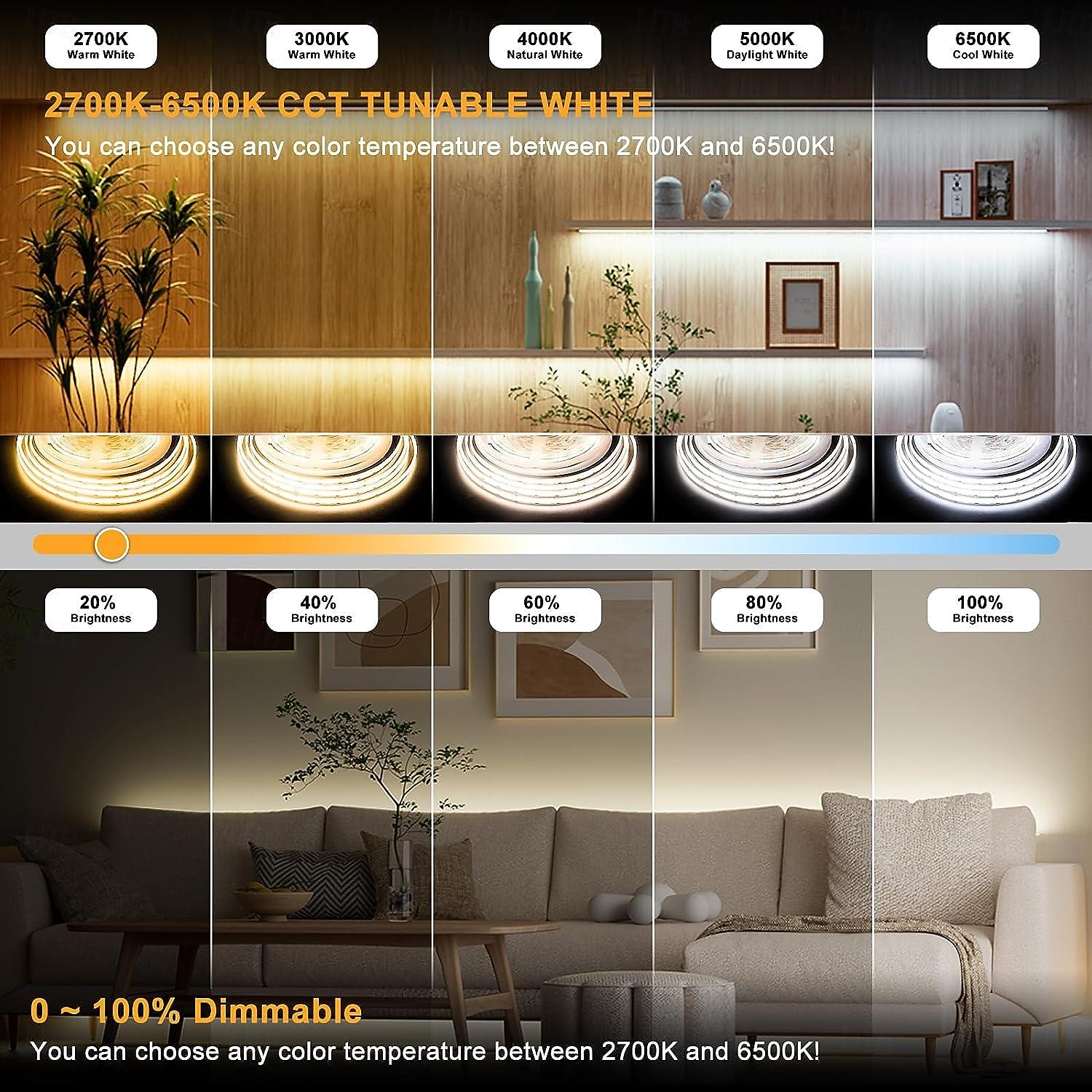 COB LED Strip Light White CCT 608LED/M Ultra Bright 10-33 ft Dimmable 2700K-6500K 24V LED Strip with RF Controller and Power Supply Suitable for DIY Lighting of Cabinets Bedrooms Kitchens Mirrors 2025 - $37.31 –P2