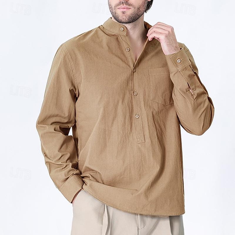Per uomo Camicia camicia di lino Camicia con colletto cinese Camicia con colletto alla coreana Camicia popover Maglietta informale Tinta unica Da mare Hawaiano Nero Bianco Verde Cachi Manica lunga del 2025 a $30.99 –P7