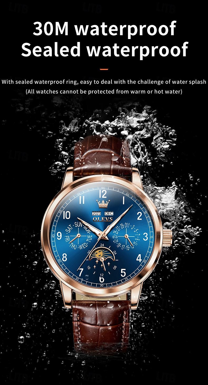 OLEVS Men Mechanical Watch Fashion Business Wristwatch Automatic Self-winding Moon phase Luminous Perpetual Calendar Leather Watch 2025 - $111.99 –P11