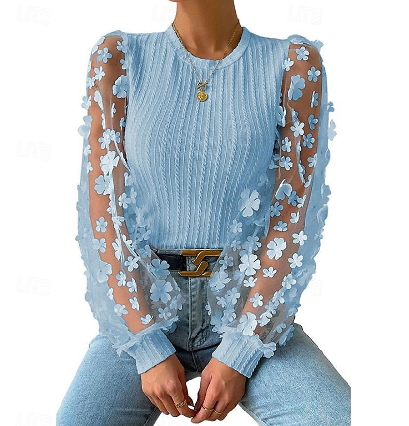 bluză de damă șifon elegant modern plasă de culoare uni mozaic mânecă lanternă mânecă lungă decolteu turn negru alb albastru vară primăvară toamnă 2025 - $27.99 –P4