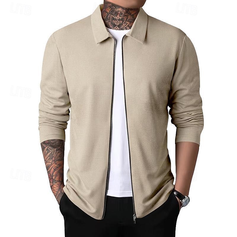 Men's Shirt Jacket Transition Jacket Daily Breathable Pocket All Seasons Plain Classic Lapel Regular Waffle Fabric Black White Royal Blue Khaki Light Grey Jacket 2025 - $27.99 –P9