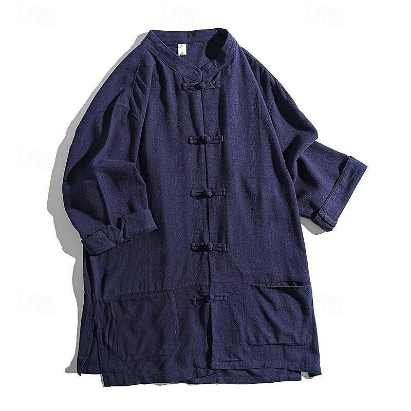Per uomo Camicia camicia di lino Camicia con colletto cinese Camicia con colletto alla coreana Maglietta informale Camicia di cotone Liscio Da mare Strada Nero Bianco Blu Beige Maniche a 3/4 Alla del 2025 a $30.99 –P8
