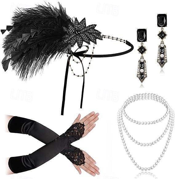 Vintage 1920er Der große Gatsby Flapper-Stirnband Zubehörset Charleston Hochzeitsgast Feder Mode Kostüm Damen Maskerade Hochzeitsempfang Junggesellinnenabschiedsparty Festival Erwachsene Handschuhe 2026 - $28.99 –P1