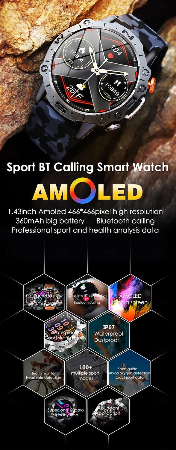 2025年 k59 スマートウォッチ 1.43インチ AMOLED メンズ アウトドア スポーツ スマートウォッチ 360mAh バッテリー 心拍数モニター Bluetooth 通話 ウォッチ  コレクション – $52.99 –P6