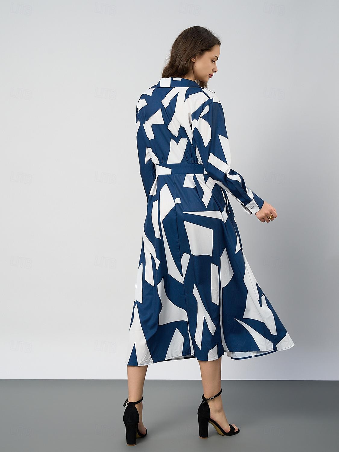 Dam Midiklänning A linjeklänning Grafisk Vintage Modern Kontor Rynkad Knapp Långärmad Tröjkrage Klänning Smal Blå Vår Höst S M L XL XXL 2025 - $44.99 –P7