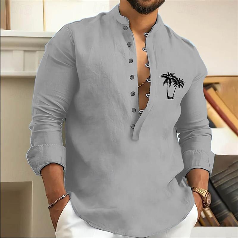 Per uomo Camicia Camicia minimalista Aloha Camicia con colletto cinese Camicia con colletto alla coreana Camicia popover Camicia Estiva Bianco Rosa Verde Grigio Manica Lunga Albero di Cocco Collo del 2025 a $25.99 –P3