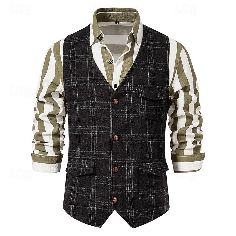 Men's Vest Gilet Wedding Event / Party Daily Fashion Business Spring & Summer Button Pocket Polyester Comfortable Plaid Double Breasted Lapel Regular Fit Light Grey Dark Gray Coffee Vest 2025 - GBP £31.35 –P1