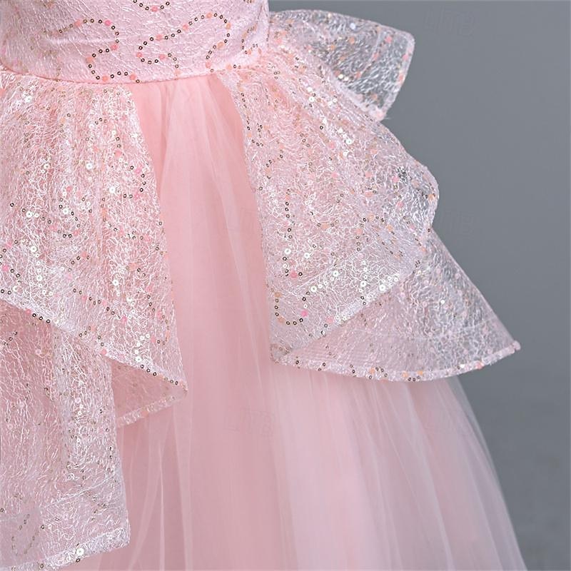 Flower Girl Dress Girls' Party Dress Performance Wedding Party Princess Beautiful Sweet Sequins Mesh Solid Color Short Sleeve Crew Neck White Pink 4-12 Years 2025 - $43.99 –P12