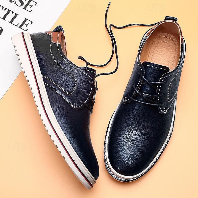 sapatos masculinos casuais azul marinho - elegantes oxfords de couro com cordões e sola branca para negócios e uso diário de 2025 por $46.99 –P2