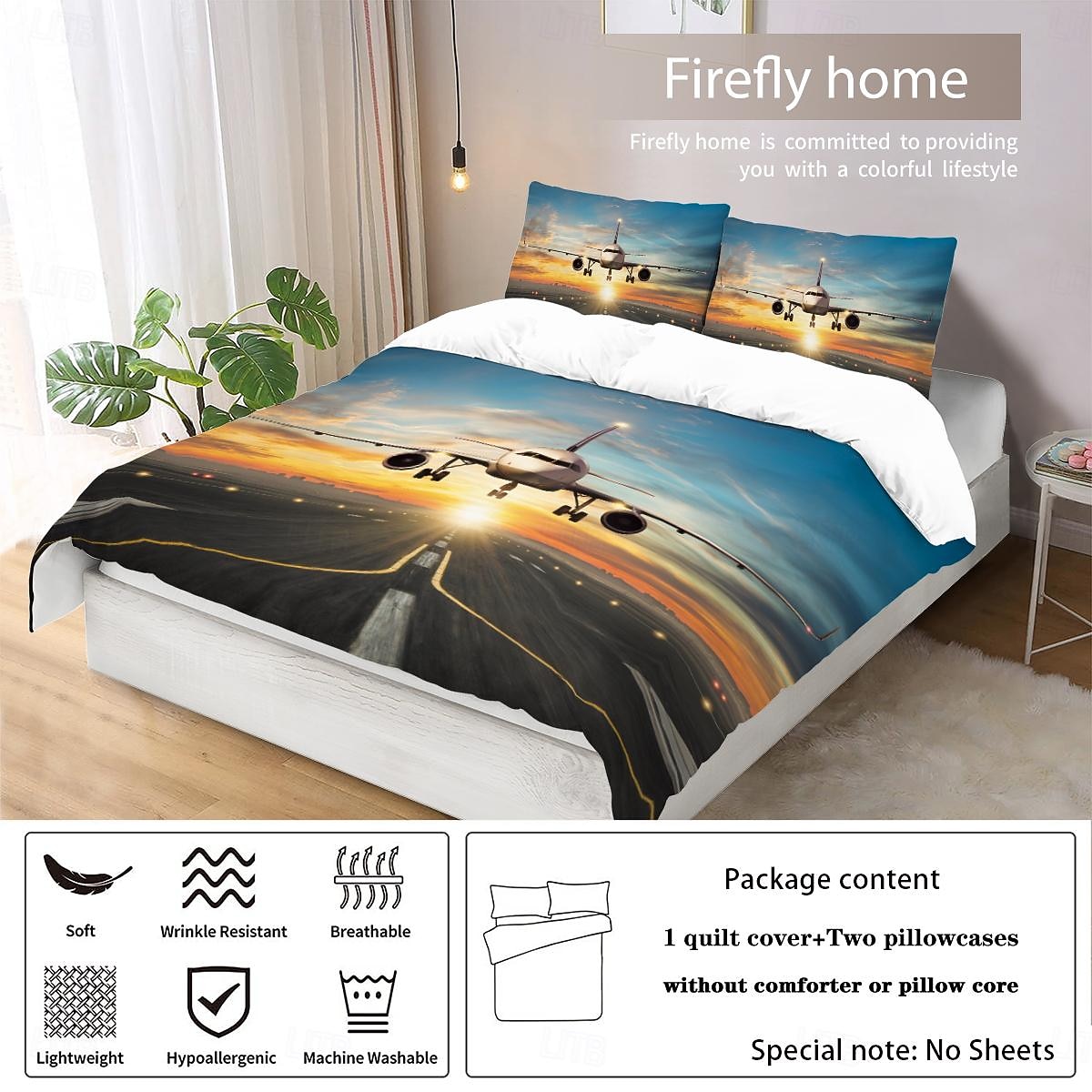 Bettbezug-Set mit Flugzeug, Himmel, Sonnenuntergang, Landebahn – enthält Bettbezug und Kissenbezüge – atemberaubendes Flugzeug- und Sonnenuntergangsdesign – weicher und bequemer Stoff 2026 - $48.99 –P8