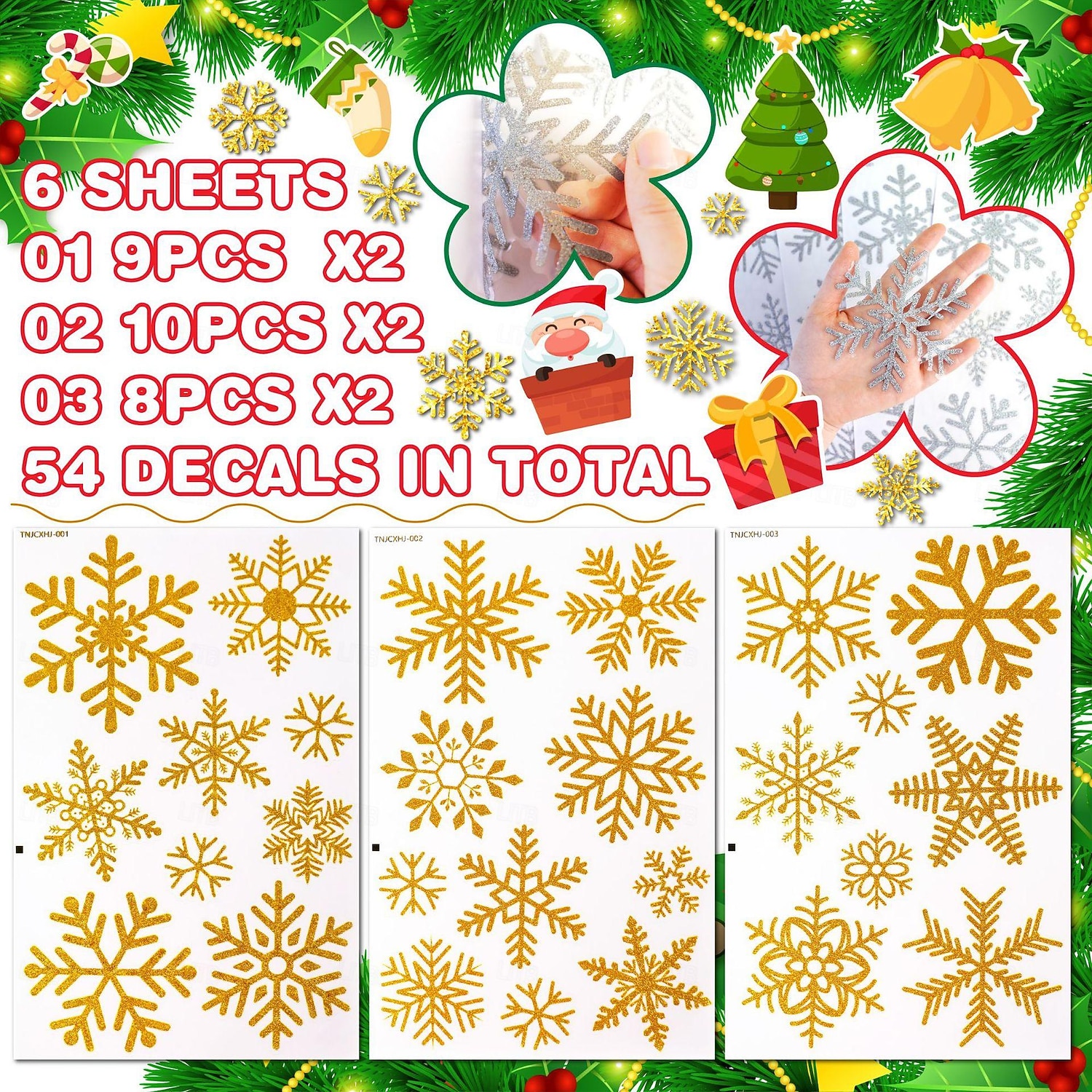 6 hojas de calcomanías de ventana y pegatinas de pared con copos de nieve: adhesivo estático dorado y plateado brillante, vidrio festivo y decoración de pared para Navidad, perfecto para ventanas, espejos y decoración del hogar 2026 - $10.99 –P1