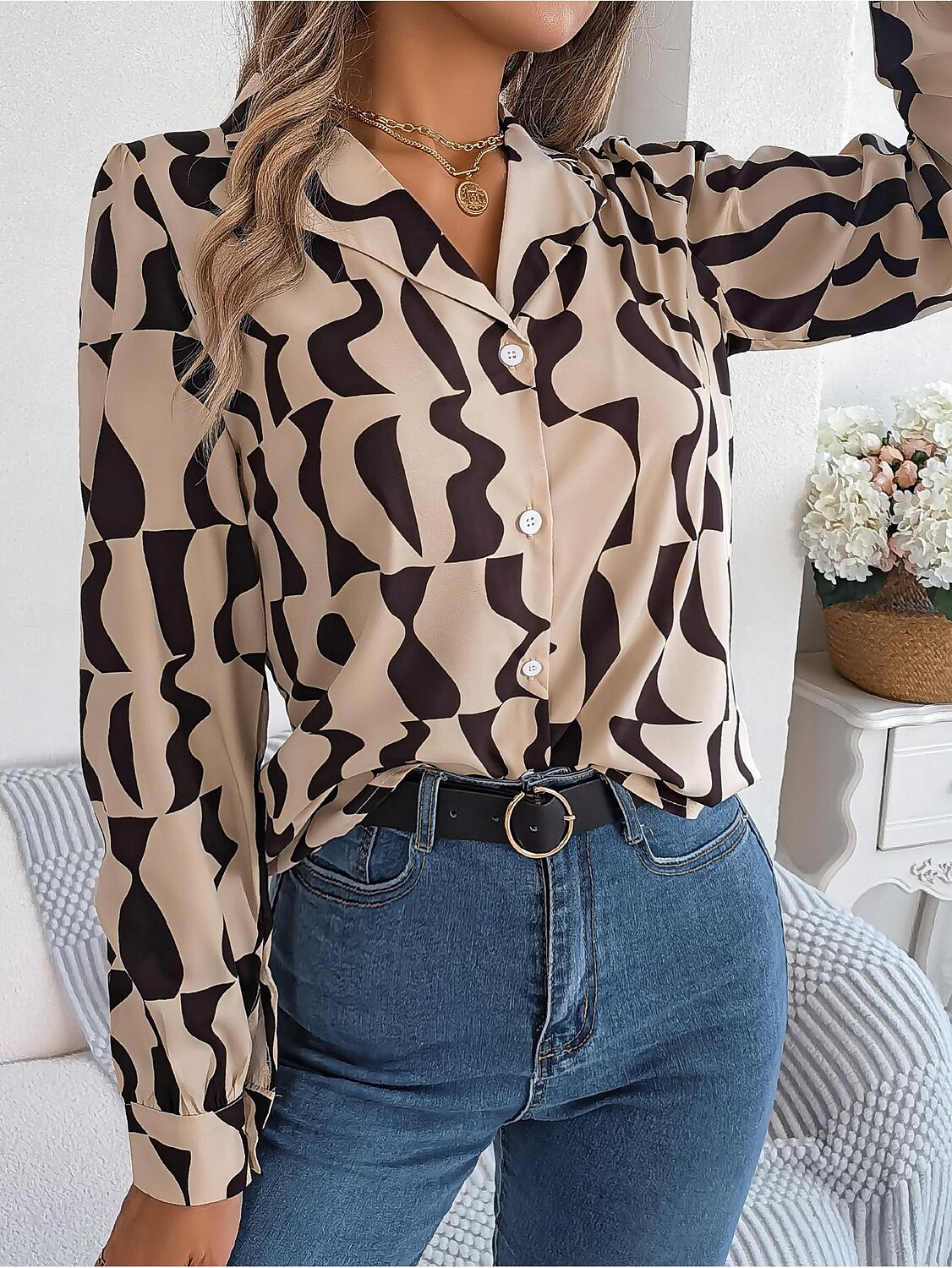Dame Skjorte Bluse Fargeblokk Stilfull Moderne Langermet Skjortekrage Arbeid Knapper Svart Brun Kakifarget Vår Høst 2025 - $29.99 –P3