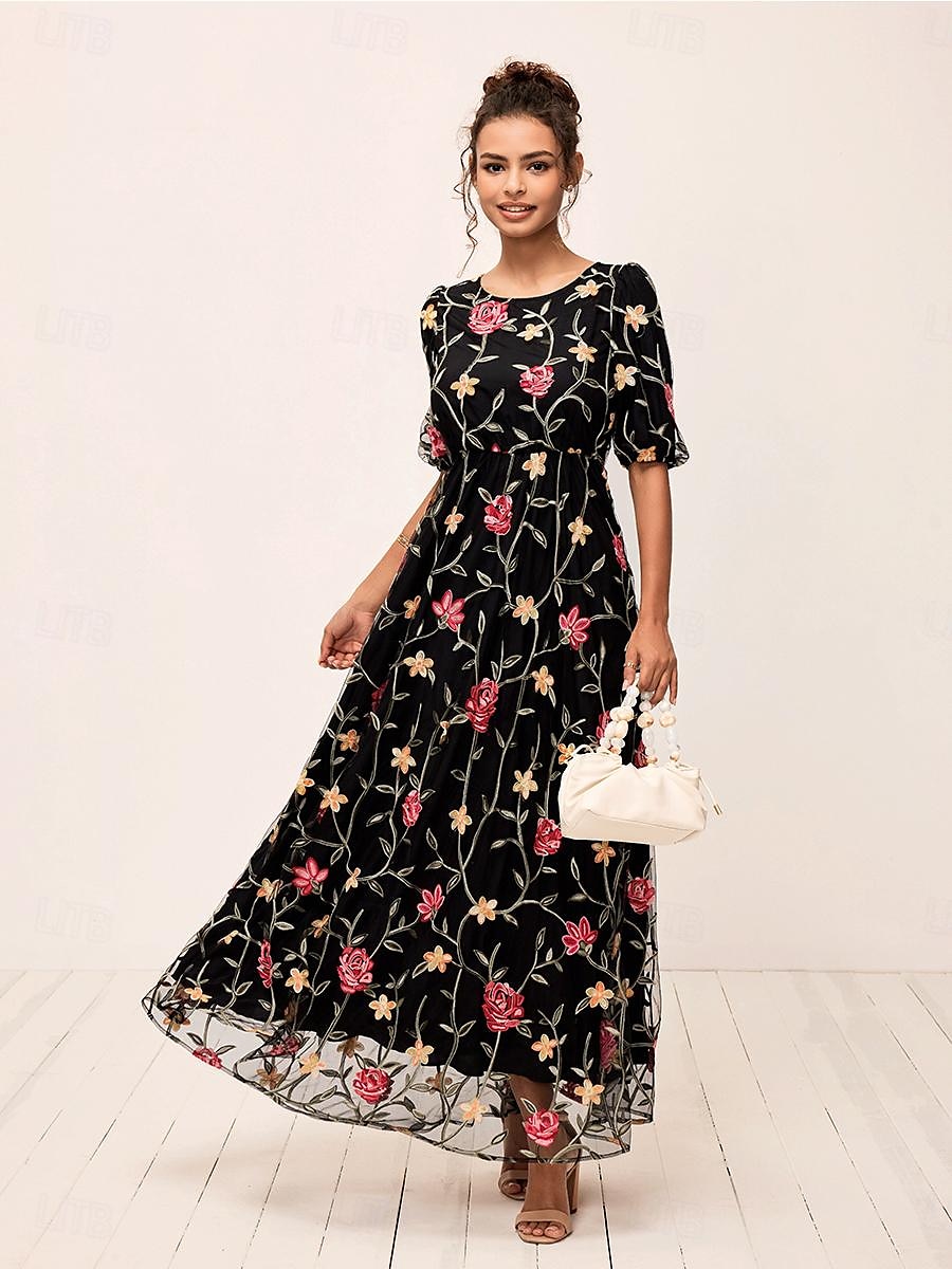 Naisten Maksimekko Musta mekko A linjainen mekko Tyylikäs Puhvihiha Loma Päivittäin Loose Fit Kukka Lyhythihainen Tiukka pyöreä kaula-aukko Musta Kesä 2025 - $99.99 –P9