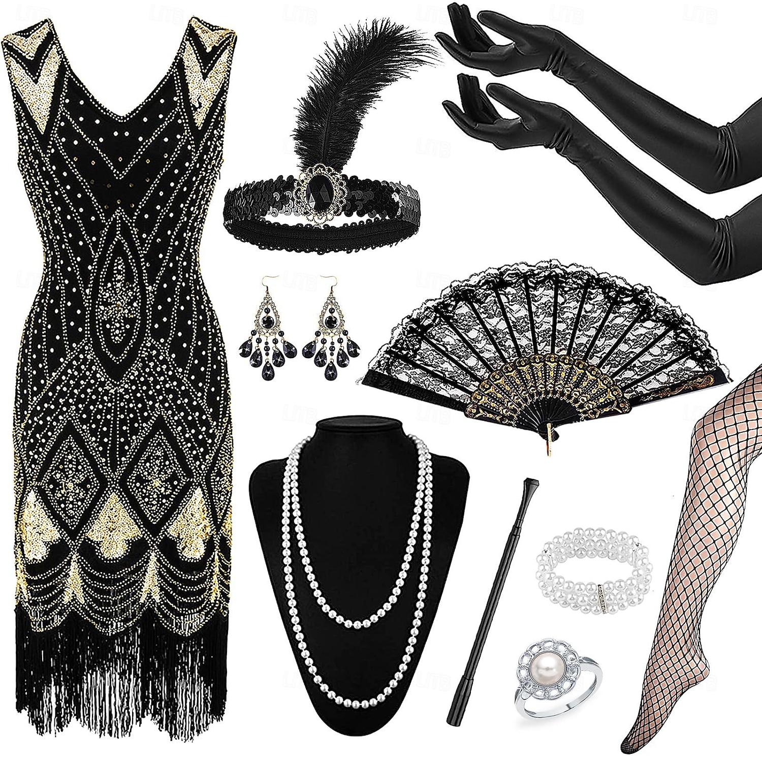 Retró Ordító 20-as évek 1920-as évek Flapper ruha Felszerelések Kiegészítő készlet A nagy Gatsby Flapper lány Esküvői Vendég Flitter Rojt Női Menyegző Ruha Klub Felnőttek Ruha Kesztyűk Zoknik Minden 2025 - $65.99 –P1