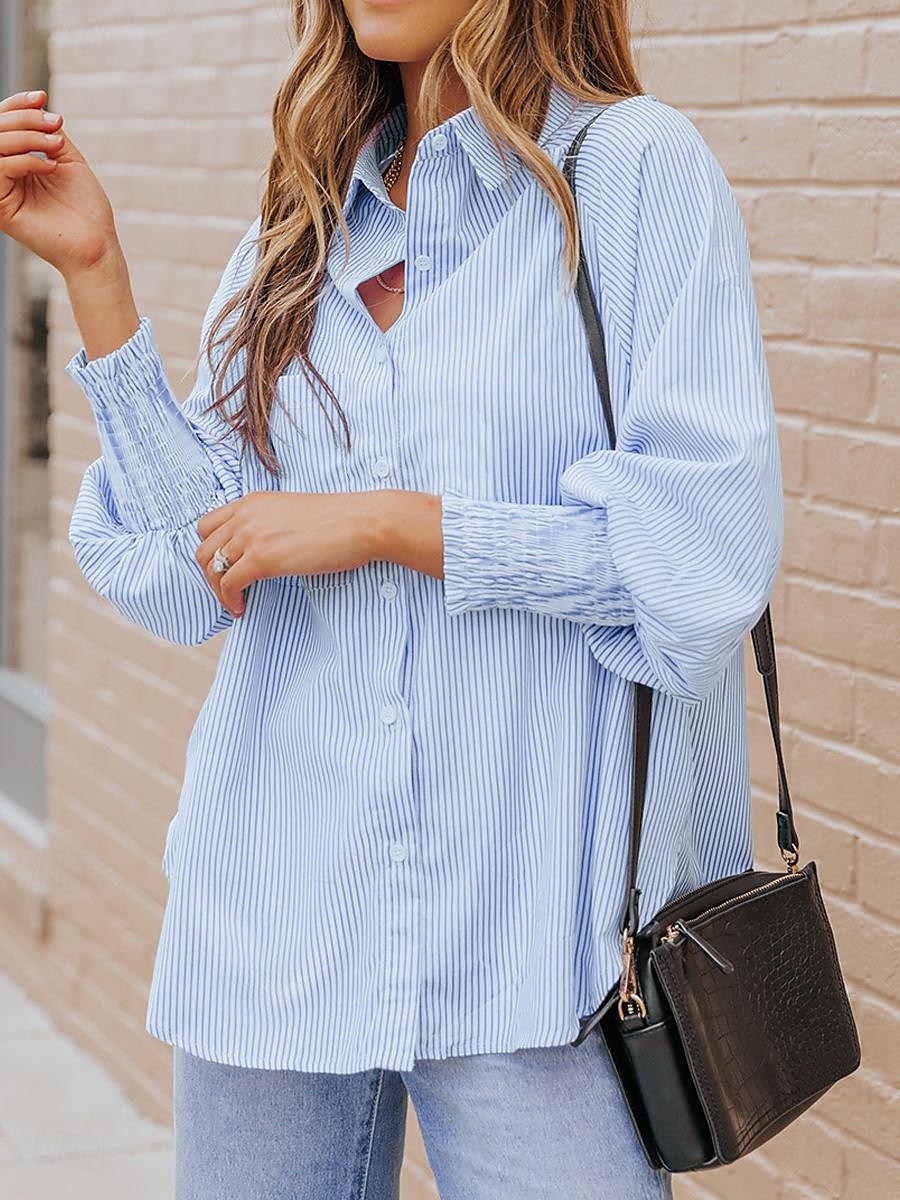 dames overhemd blouse casual gestreept knopen zak lange mouw normale tops overhemd kraag dagelijks zwart blauw lente& val 2025 - $39.99 –P6