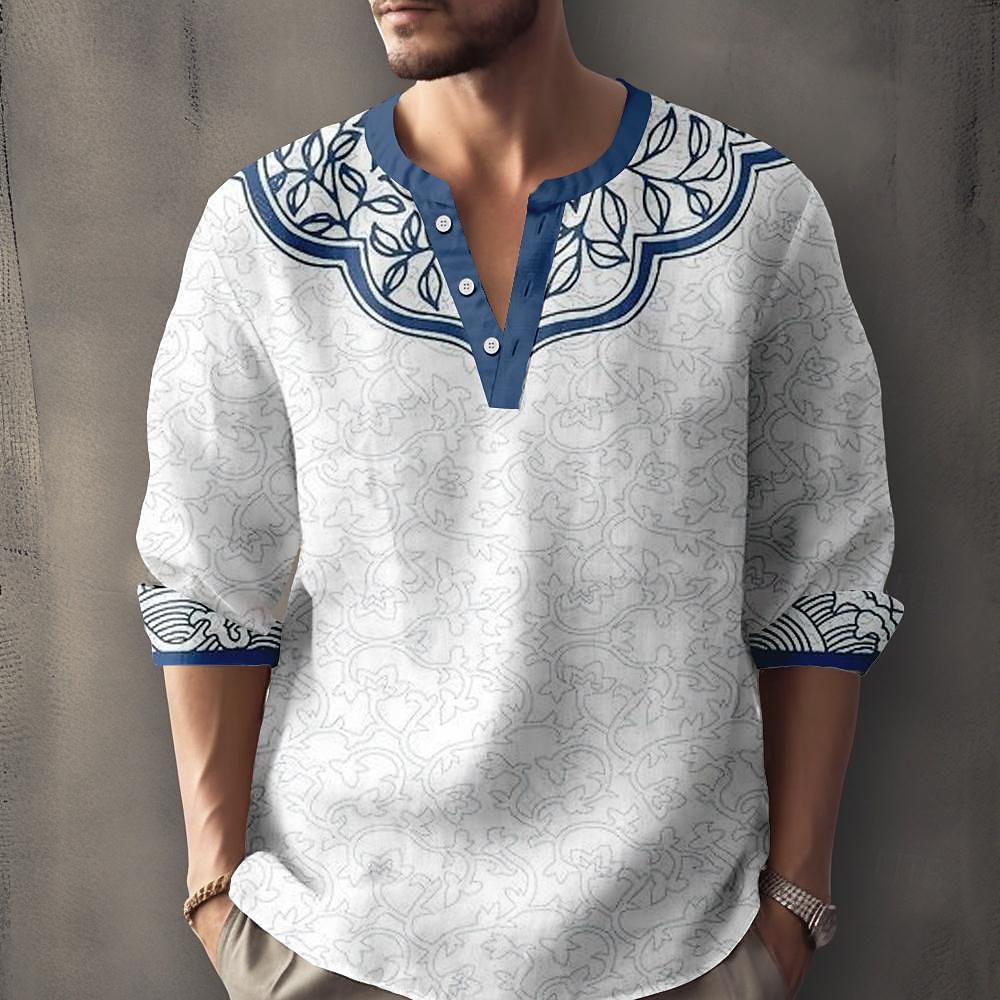 Herren Muster Ethnisch Hemd Knopfhemd Langarm Brautkleider schlicht Stamm Täglich Festtage Sommer Frühling Herbst Ständer Bedruckt Rote Blau Grün 2025 - $24.99 –P1