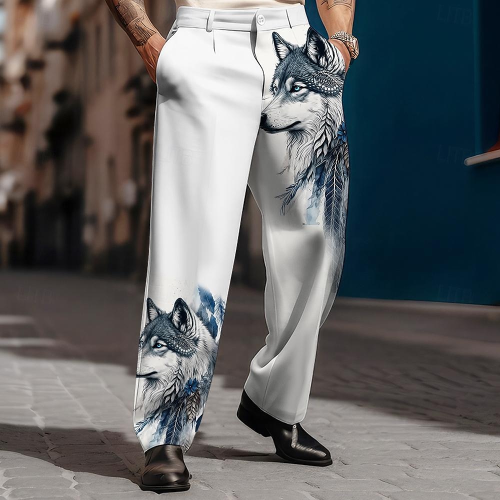 Herre Ulv Dressbukser Medium Midje Business Casual Formell Hverdag Lomme Bukser med rett ben Sommer Vår Høst 3D-utskrift Blå 2025 - $29.99 –P1