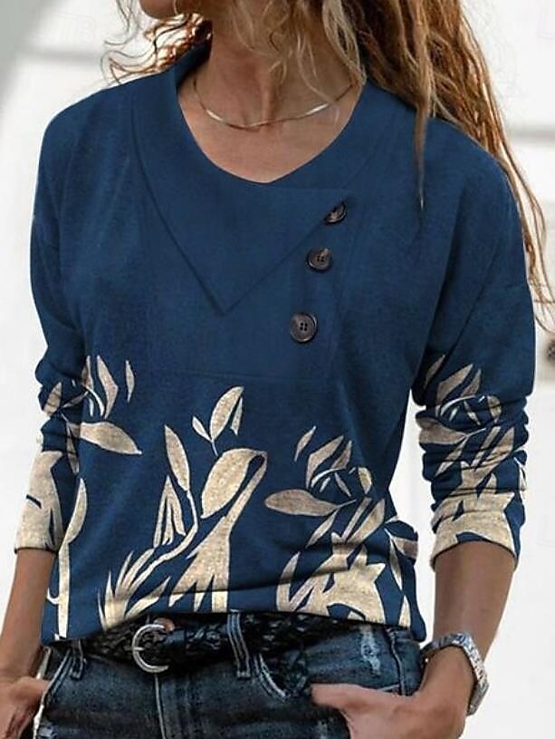 Women's T Shirt Floral Graphic Fashion Long Sleeve V Neck Regular Tops Daily Weekend Buttons Print Navy Blue Blue Spring & Fall 2025 - $34.99 –P2