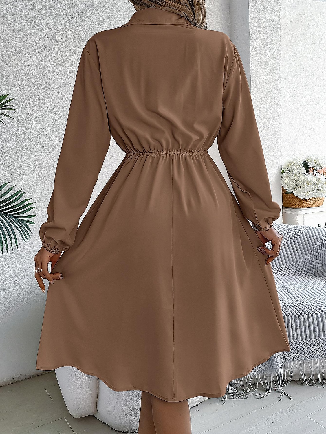 Damen Arbeitskleidung A Linie Kleid Modisch Täglich Arbeitsmode Bischof Midikleid Gefaltet Taste Hemdkragen Langarm Glatt Regular Fit Schwarz Wein Khaki Frühling Herbst S M L XL 2025 - $28.99 –P14