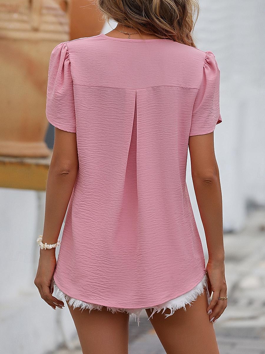 Damen Bluse Elegante Oberteile Gerafft Einfarbig Einfach Elegant Basic Kurzarm V Ausschnitt Normale Oberteile Täglich Blau Schwarz Weiß Rosa Sommer 2026 - $31.99 –P2