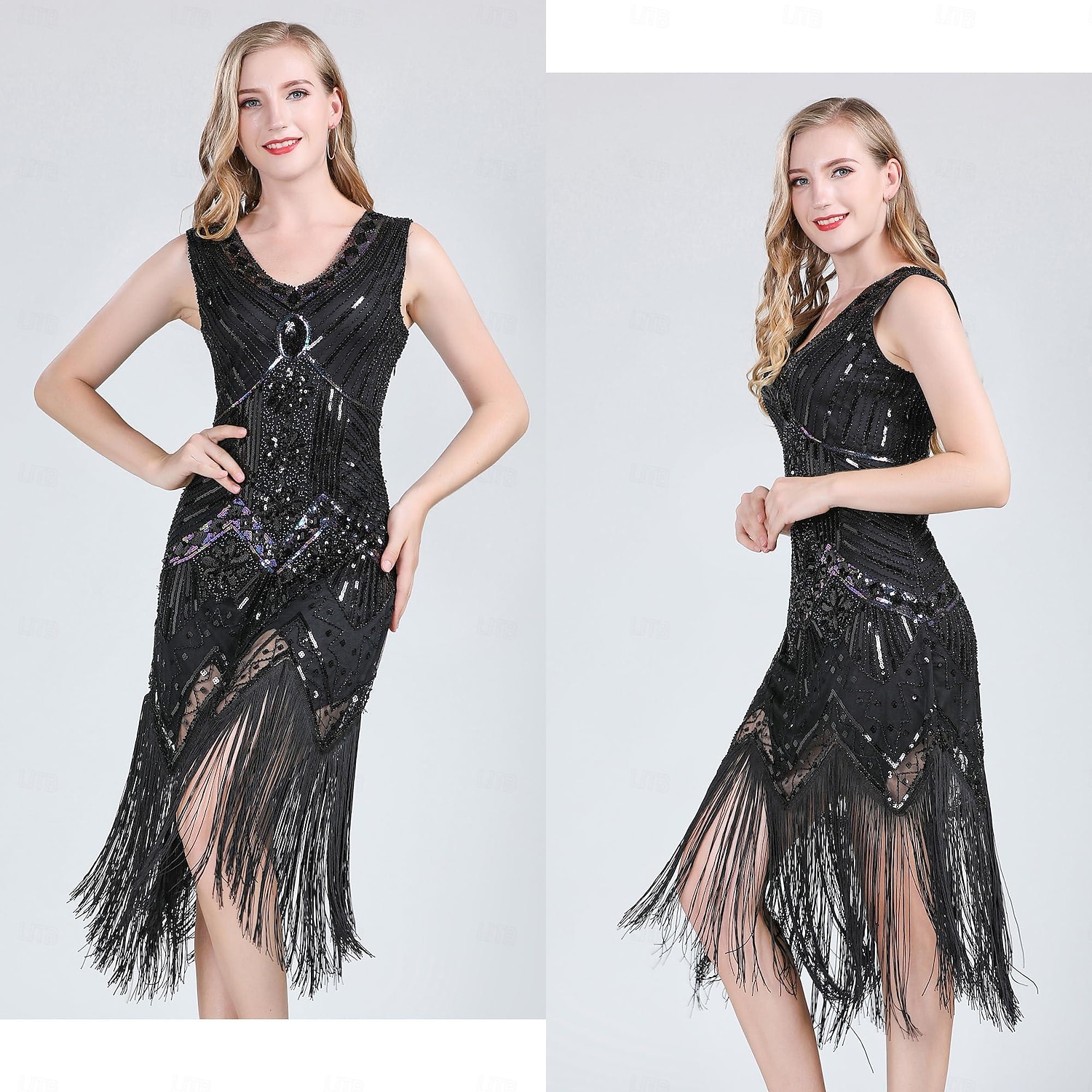Set Anni Ruggenti Anni 1920 Lunghezza al ginocchio Vestito Abito Flapper Abiti con accessori Senza maniche Il grande Gatsby Charleston Invitato al matrimonio Paillettes Frangia con nappe Piuma Scollo del 2026 a $77.99 –P5