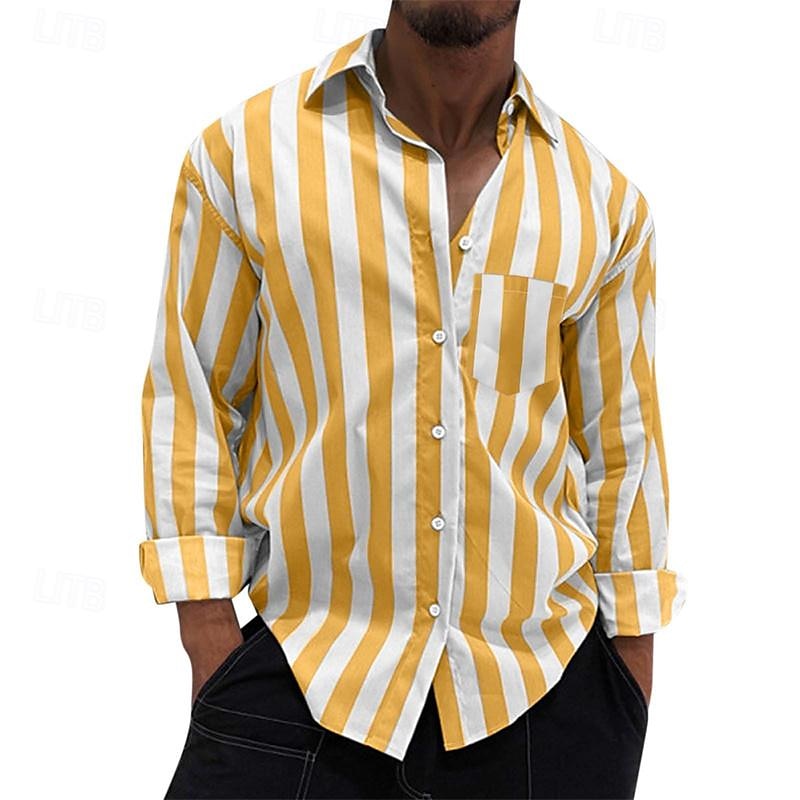 Voor heren Overhemd Zomer overhemd Normaal shirt Strand hemd Overhemd met knopen Gestreepte shirts Zwart Geel Lichtgroen Blozend Roze Koningsblauw Lange mouw Gestreept Revers Vakantie Hawaii 2025 - $22.99 –P10